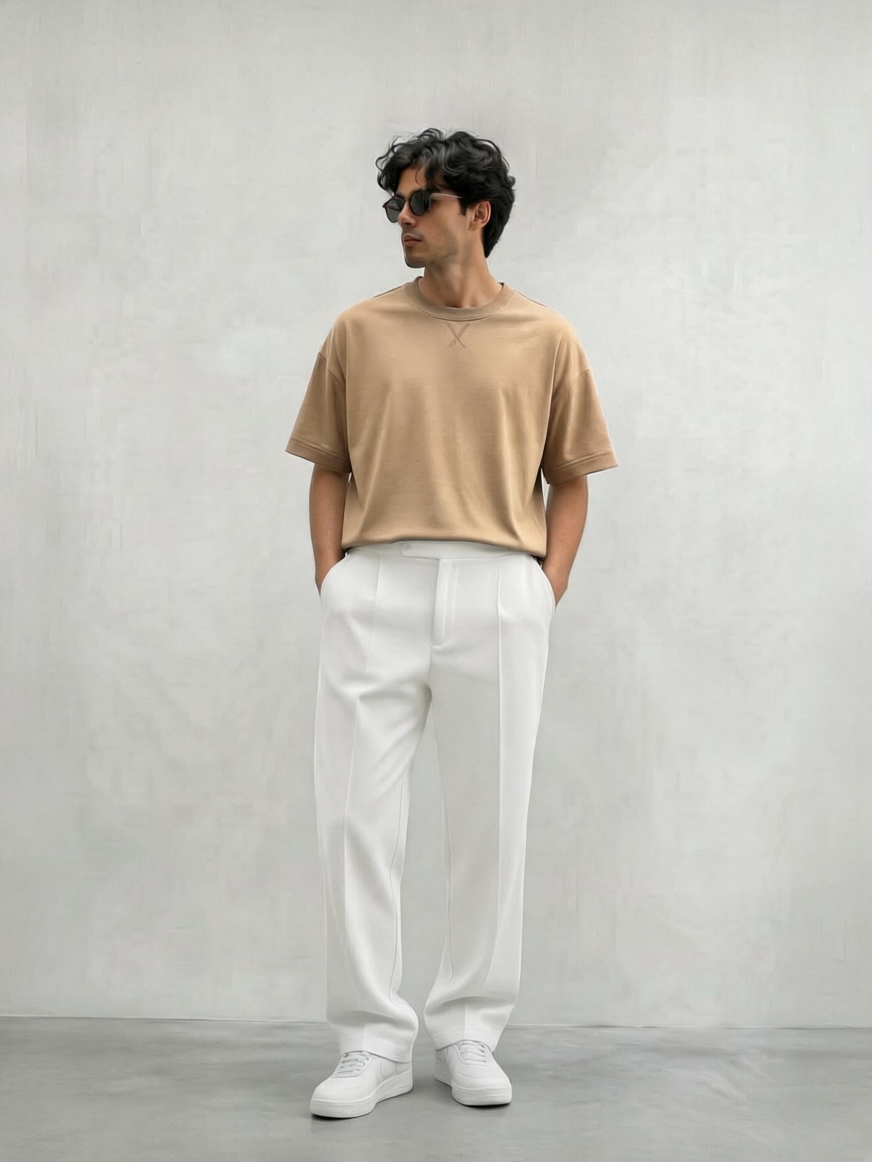 Drop Shoulder Baggy T- Shirt-Sand Beige