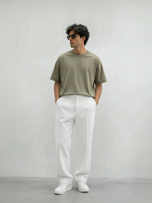 Drop Shoulder Baggy T- Shirt-Olive Green
