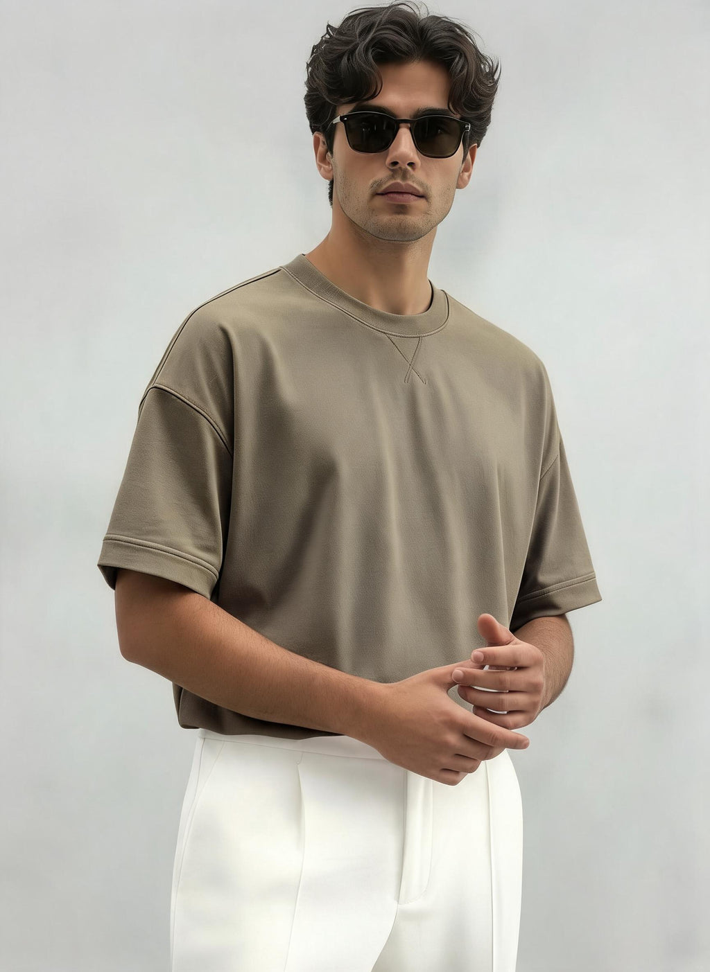 Drop Shoulder Baggy T- Shirt-Olive Green