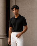 Textured Air Knit Polo-Black