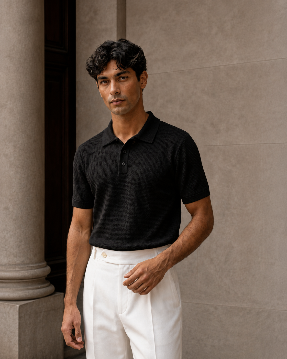 Textured Air Knit Polo-Black