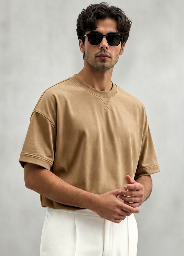 Drop Shoulder Baggy T- Shirt-Sand Beige