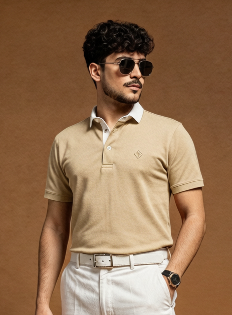 Beige Polo Shirt with White Collar – Export Quality