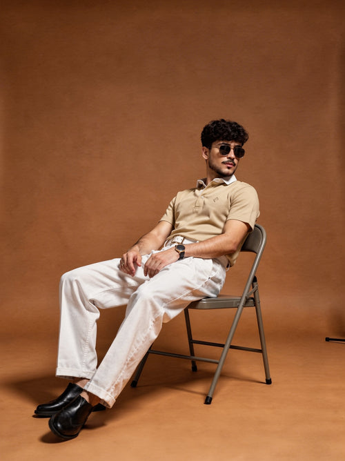 Beige Polo Shirt with White Collar – Export Quality