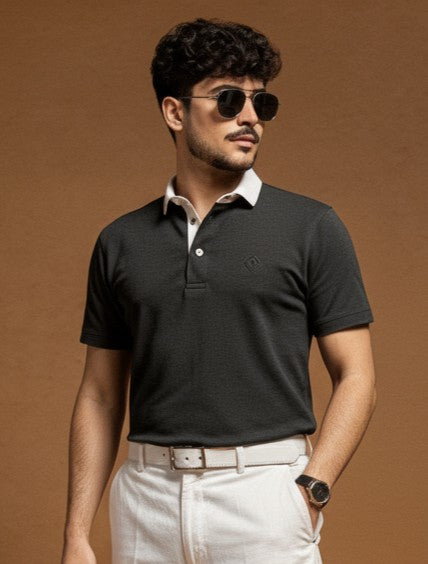 Black Polo Shirt with White Collar – Export Quality