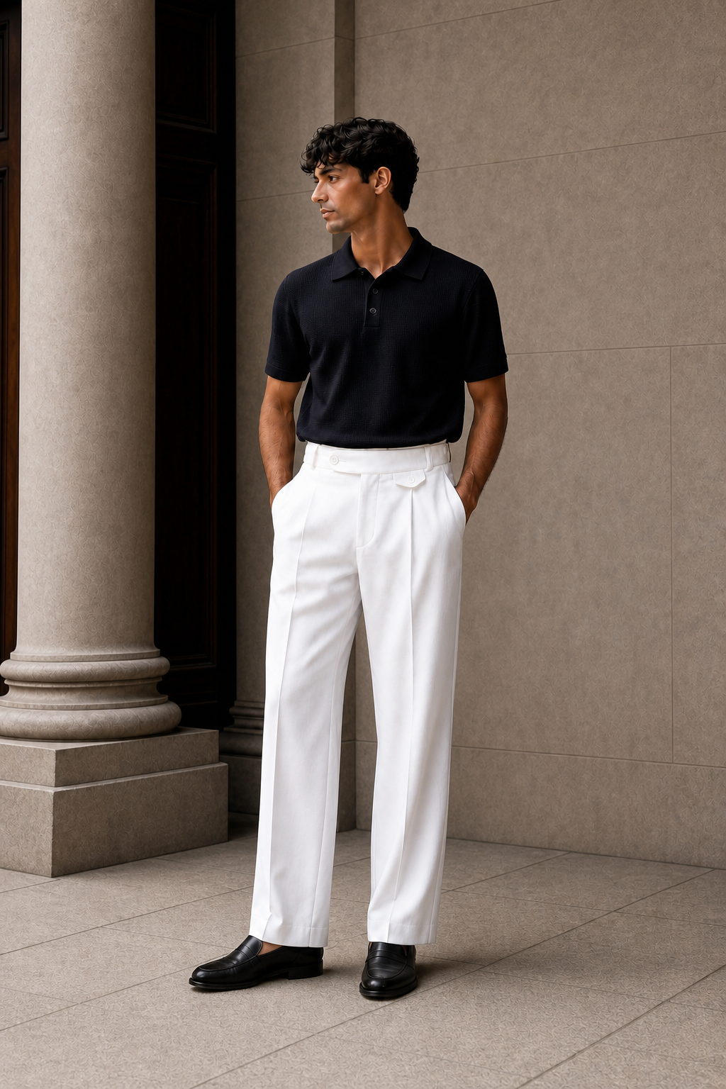 Textured Air Knit Polo-Black
